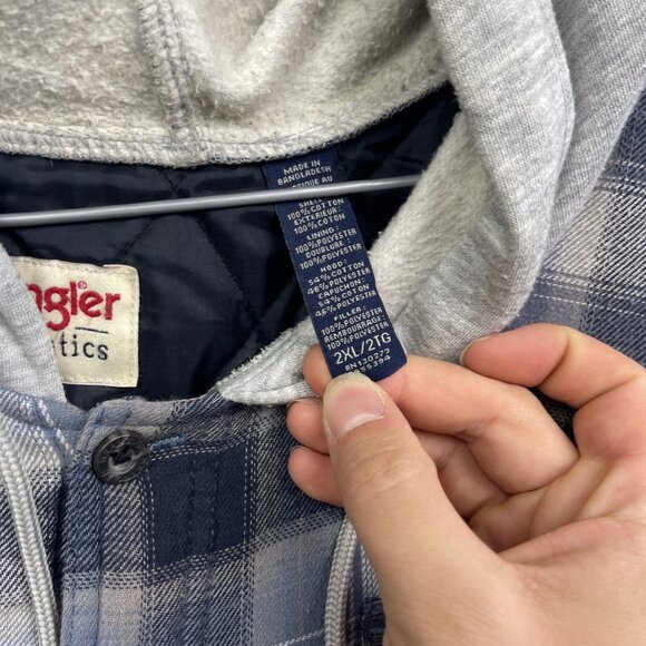 Wrangler Hooded Flannel Quilted Lined Shirt Jacket Men’s 2XL Blue Button Up - Picture 8 of 16